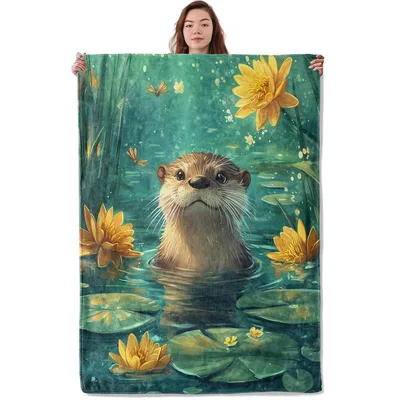 Otter Among Yellow Water Blanket: Serene Pond Art for Nature Lovers