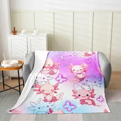 Cute Axolotls with Butterflies Blanket: Kawaii Salamander Design