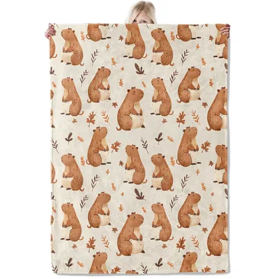 Cute Capybara Pattern with Leaves Blanket: Autumn Animal Throw