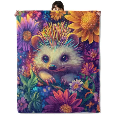 Hedgehog Among Colorful Flowers Blanket