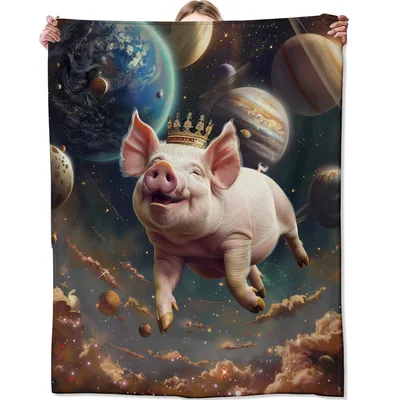 Crowned Pig Floating Blanket: Royal Space Pig Throw