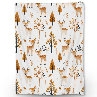 Cute Deer Forest Pattern Blanket: Spotted Fawns and Autumn Trees