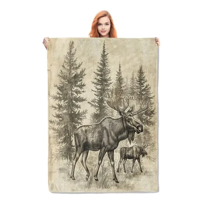 Vintage Moose in Pine Blanket: Rustic Forest Art for Cabin Lovers