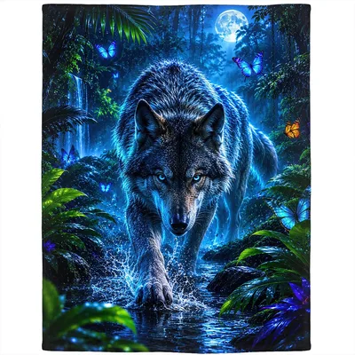 Wolf Moon Jungle Waterfall Blanket: Wild Wolf Art for Nature Lovers
