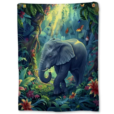 Elephant in Jungle Art Blanket: Lush Tropical Elephant Illustration