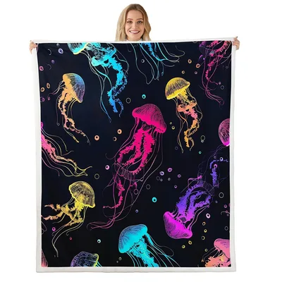 Colorful Jellyfish on Black Blanket: Neon Sea Life Design