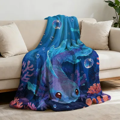 Blue Ocean Creature Blanket: Axolotl with Coral and Bubbles