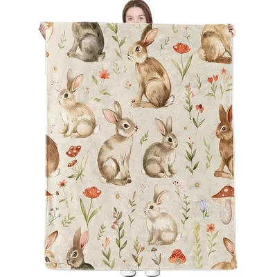 Woodland Rabbits and Flowers Blanket: Cute Bunny and Mushroom Art
