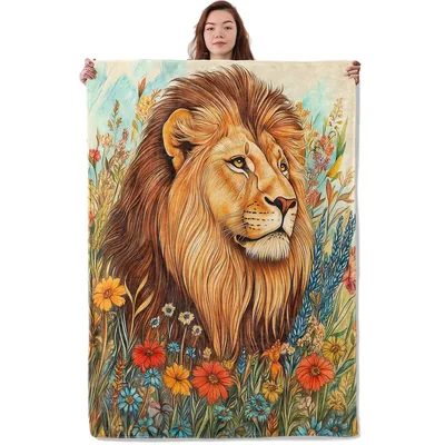Majestic Lion in Wildflowers Blanket: Regal Feline Art Design