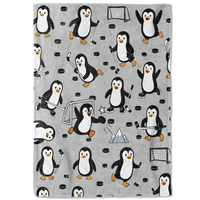 Hockey Penguins Pattern Blanket: Cute Cartoon Pucks and Sticks