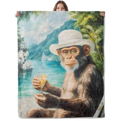 Chimp Sipping Drink Portrait Blanket for Relaxing with a Tropical Vibe
