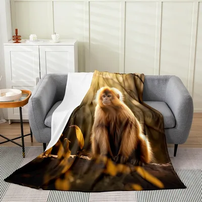 Golden Monkey Sitting Blanket: Realistic Primate on Rock