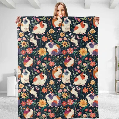 Guinea Pigs Amid Colorful Blanket Featuring Floral Animal Art