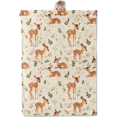 Whimsical Fawns Wildflower Pattern Blanket: Woodland Deer Illustration