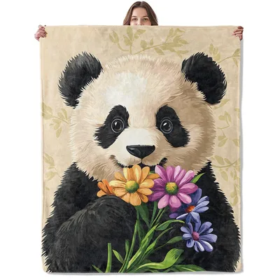 Panda Holding Colorful Daisies Blanket: A Gentle Floral Portrait