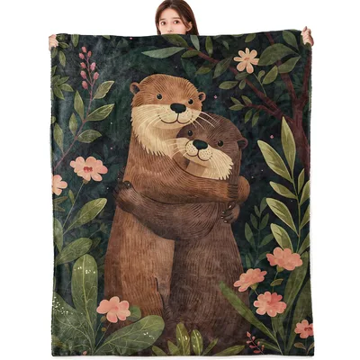 Otter Hug in Forest Blanket: Cozy Otter Pair Amidst Floral Foliage