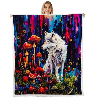 Wolf Among Glowing Mushrooms Blanket: Psychedelic Wolf Art