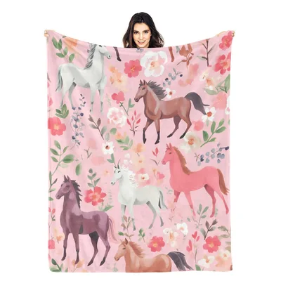 Horses and Unicorns Floral Blanket: Watercolor Equestrian Art