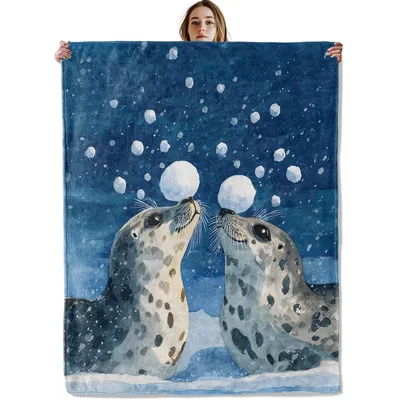 Seals Playing with Snowballs Blanket: Winter Seal Art for Cozy Days