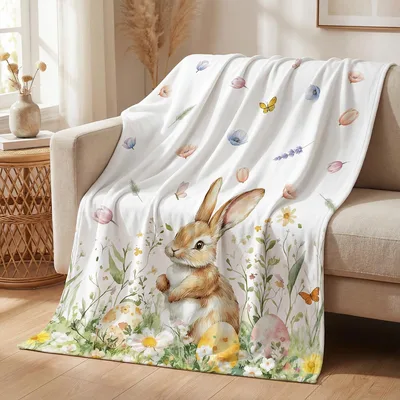 Easter Bunny and Eggs Blanket: Watercolor Rabbit with Spring Flowers