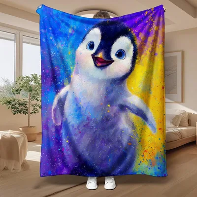 Cute Baby Penguin Painting Blanket: Vibrant Artistic Fluff