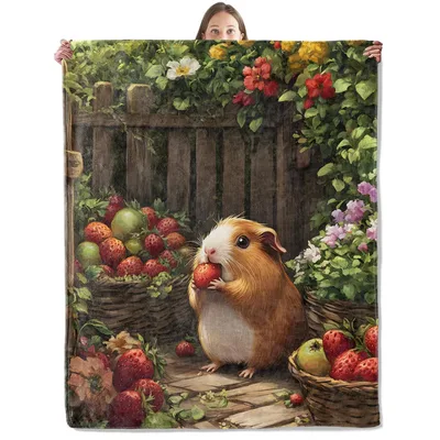 Guinea Pig in Strawberry Blanket: Garden Scene with Rodent and Fruit