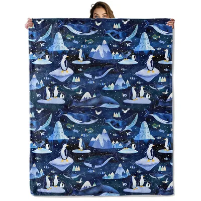 Penguin and Whale Iceberg Blanket: Arctic Animals on Blue