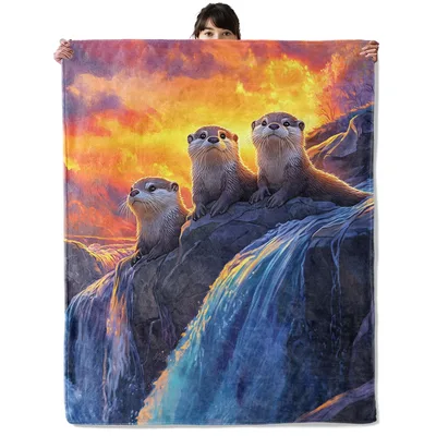 Otters at Sunset Waterfall Blanket: Three Otters on Rocky Falls