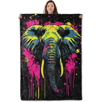 Abstract Paint Splash Elephant Blanket: Neon Art Design