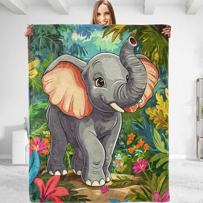 Cute Elephant in Jungle Blanket: Playful Baby Elephant Art