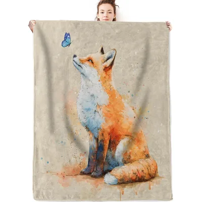 Watercolor Fox with Butterfly Blanket featuring a red fox