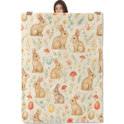 Rabbits with Flowers Blanket: Bunnies, Eggs, and Mushrooms Design