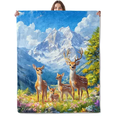Deer Family in Mountains Blanket featuring a stag and fawns