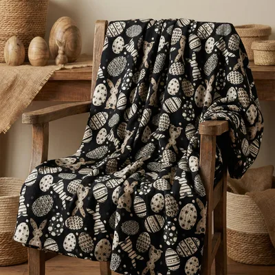 Black Easter Eggs Pattern Blanket with Rustic Bunny and Egg Motif