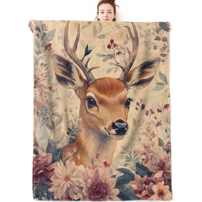 Deer with Vintage Botanical Blanket: Woodland Deer and Floral Art
