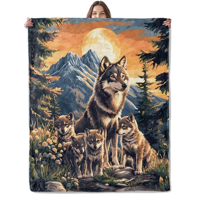 Wolf Pack in Mountains Blanket: Wild Family Scene with Full Moon