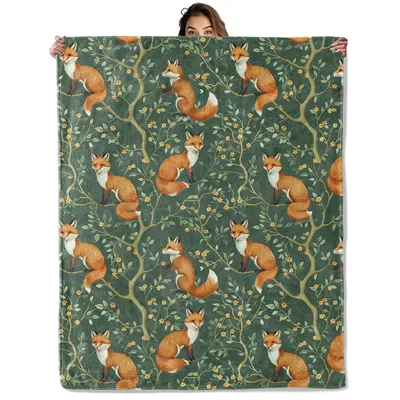 Foxes Woodland Vine Pattern Blanket: Red Foxes in Forest Floral Design