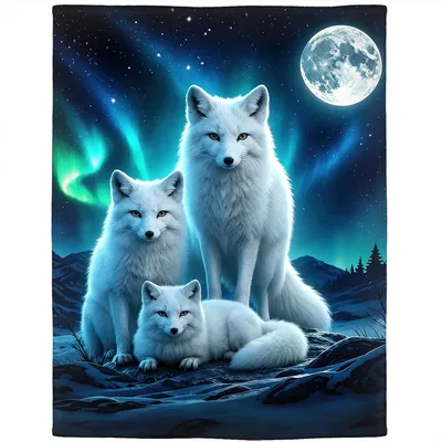 Arctic Foxes Aurora Moon Blanket: Wildlife Art for Nature Lovers