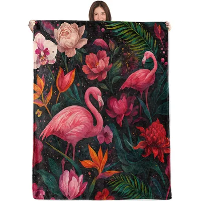 Pink Flamingos Tropical Flowers Blanket: Vibrant Pink Birds