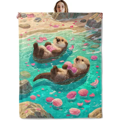 Otters Floating with Shells Blanket: Relaxing Sea Otter Art