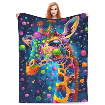 Colorful Giraffe Dots Art Blanket: Psychedelic Animal Portrait