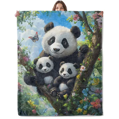 Panda Family in Tree Blanket features a mother panda
