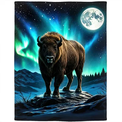 Bison Under Aurora Moon Blanket: Wildlife Art with Northern Lights