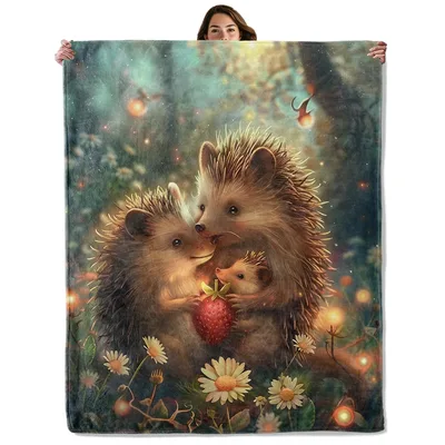 Hedgehog Family Strawberry Scene Blanket: Cozy Forest Art