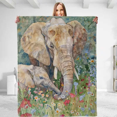 Mom and Baby Elephant Watercolor Blanket: Wildflower Art