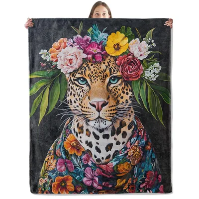 Leopard in Flower Crown Blanket