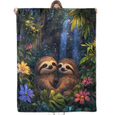 Sloths in Flower Jungle Blanket: Cozy Two Sloths in Magical Waterfall