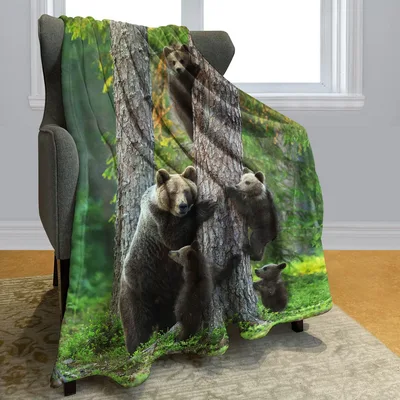 Bear Cubs in Woods Blanket: A Family of Bears Playing in the Forest