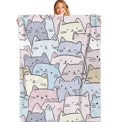 Cute Pastel Cat Faces Blanket: A Kawaii Cartoon Fleece Throw for Home