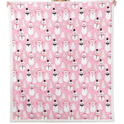 Kawaii Cat Pattern Blanket: Festive Snowmen and Pink Trees Design